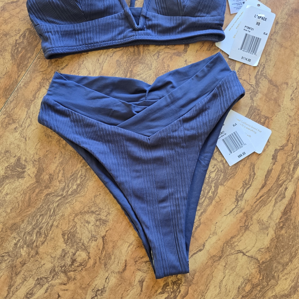 L*SPACE Blue Ribbed Bikini Set With Hardware - Picture 2 of 3